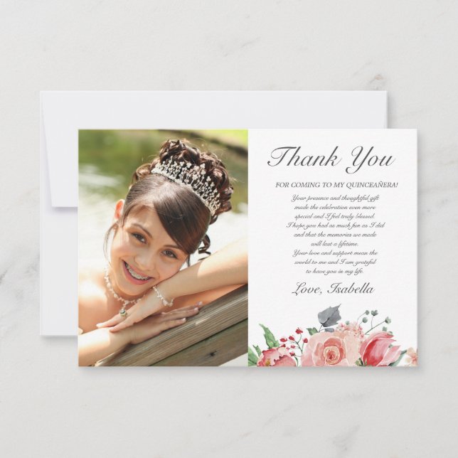 Pink & Green Elegant Floral Photo Quinceañera Thank You Card (Front)