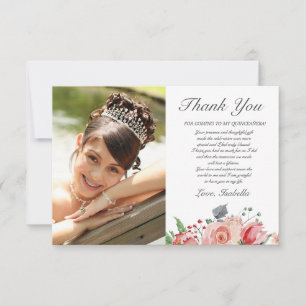 Pink & Green Elegant Floral Photo Quinceañera Thank You Card