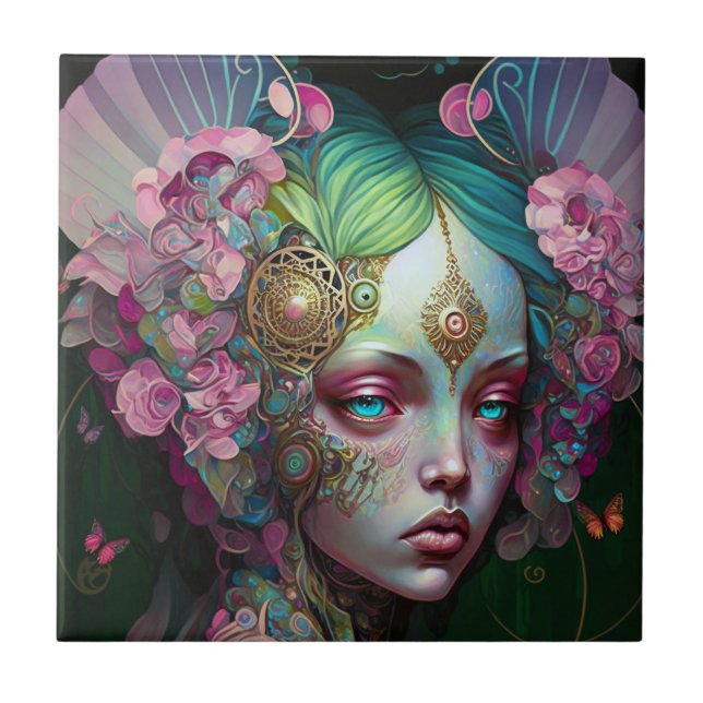 Pink Green Elf Fairy Woman Fantasy Art Ceramic Tile (Front)