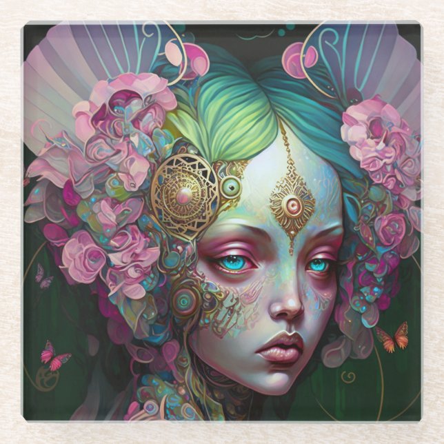 Pink Green Elf Fairy Woman Fantasy Art Glass Coaster (Front)