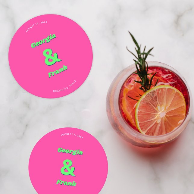 Pink & Green Engagement Party or Weddingg Round Paper Coaster (Creator Uploaded)