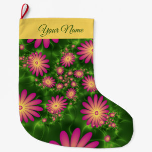 Pink Green Fantasy Flowers Abstract Fractal Name Large Christmas Stocking