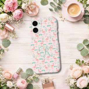Pink Green Flamingo Monogram Tropical Birds