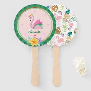 Pink Green Flamingo & Watermelon Tropical Birthday Hand Fan