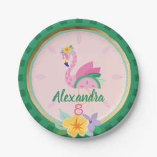 Pink Green Flamingo & Watermelon Tropical Birthday Paper Plate