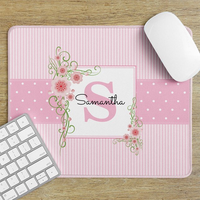 Pink Green Floral and Stripes Monogrammed Mouse Pad (Creator Uploaded)