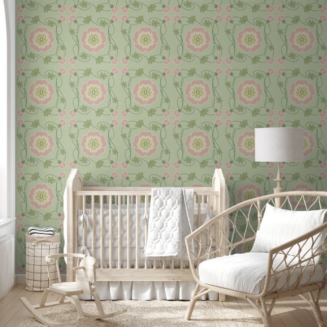 Pink Green Floral Art Nouveau Wallpaper (Kids)