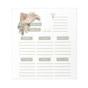 Pink Green Floral Boho Weekly Planner Organiser Notepad