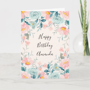 Pink & Green Floral Border Birthday Card