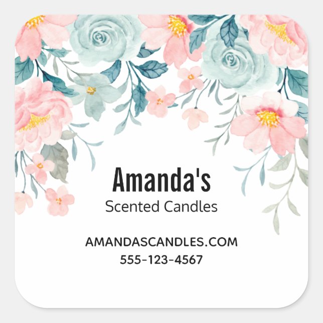 Pink & Green Floral Border Business Square Sticker (Front)