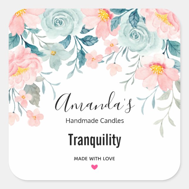 Pink & Green Floral Border Candle Square Sticker (Front)