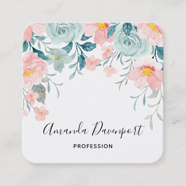 Pink & Green Floral Border Elegant Square Business Card (Front)