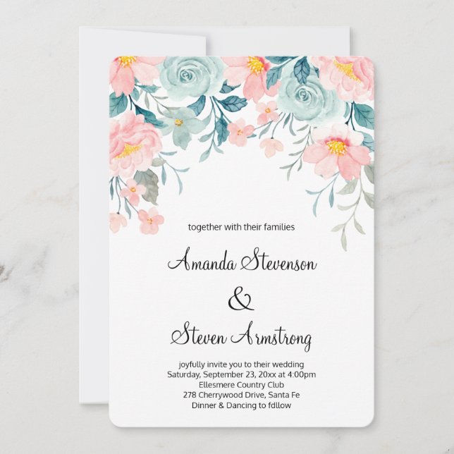 Pink & Green Floral Border Elegant Wedding Invitation (Front)