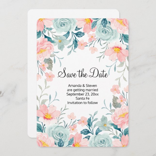 Pink & Green Floral Border Elegant Wedding Save The Date (Front/Back)