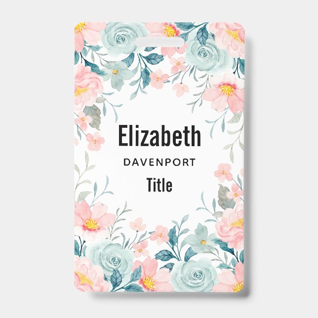 Pink & Green Floral Border  ID Badge (Front)