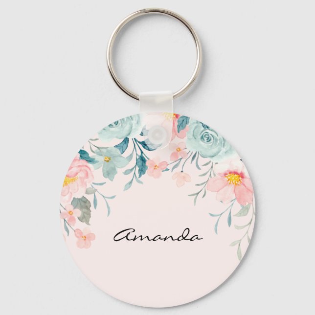 Pink & Green Floral Border Key Ring (Front)