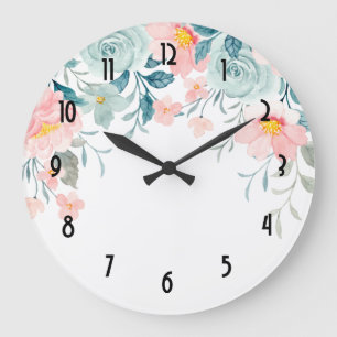 Pink & Green Floral Border Large Clock