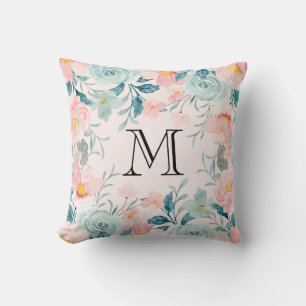 Pink & Green Floral Border Monogram Cushion