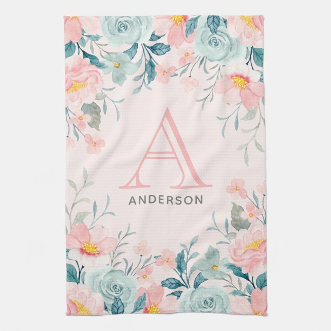Pink & Green Floral Border Monogram Tea Towel (Vertical)