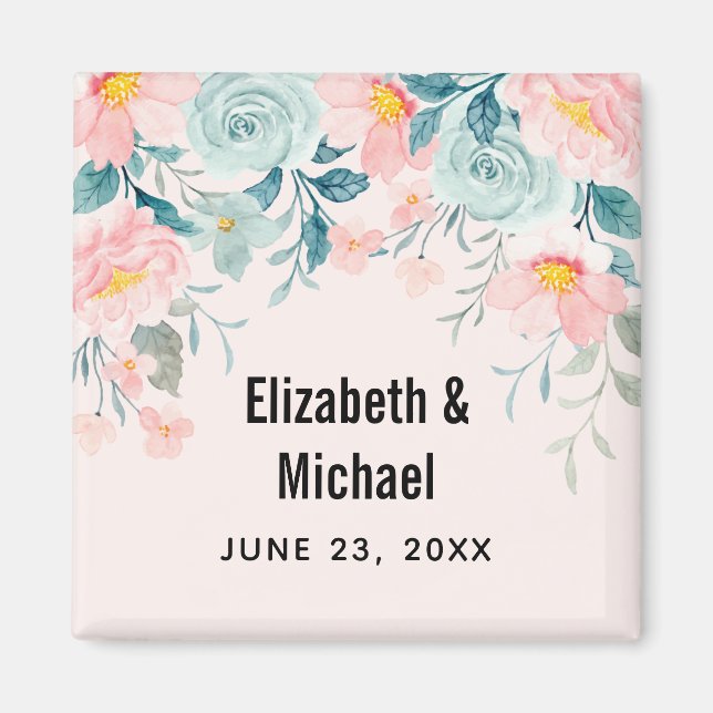 Pink & Green Floral Border Save the Date Magnet (Front)