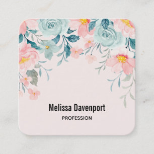Pink & Green Floral Border Square Business Card