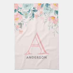 Pink & Green Floral Border Tea Towel