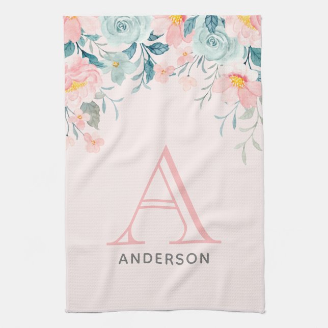 Pink & Green Floral Border Tea Towel (Vertical)
