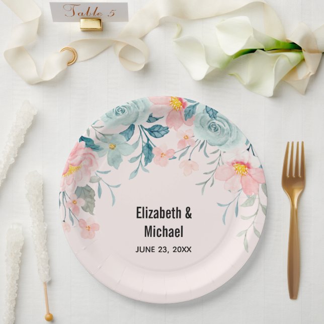 Pink & Green Floral Border Wedding Paper Plate (Wedding)