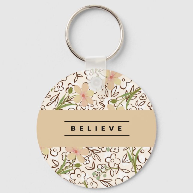 Pink Green Floral Botanical Pattern  Key Ring (Front)