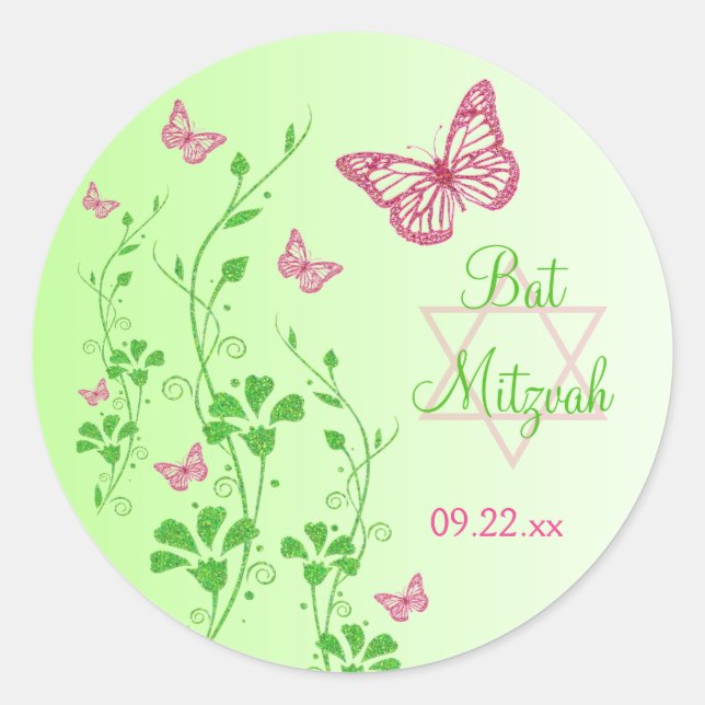 Pink, Green Floral Butterflies Bat Mitzvah Sticker (Front)