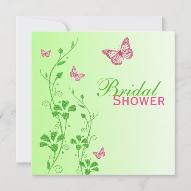 Pink Green Floral Butterflies Bridal Shower Invite (Front)