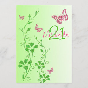 Pink, Green Floral Buttterflies 21st Birthday Invitation