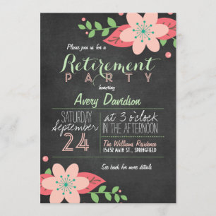 Pink & Green Floral Chalkboard Retirement Party Invitation
