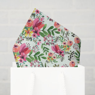 Pink Green Floral Decoupage Paper, Botanical Tissue Paper
