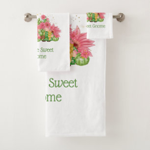 Pink Green Floral Gnomes Gnome Sweet Gnome  Bath Towel Set