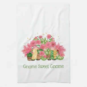 Pink Green Floral Gnomes Gnome Sweet Gnome Tea Towel