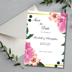 Pink Green Floral Gold Border Wedding Save The Date