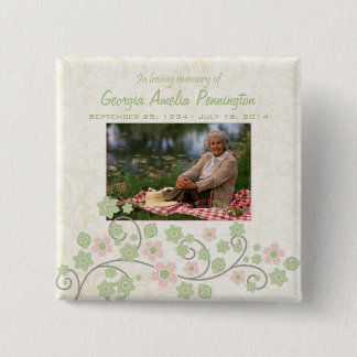 Pink green floral in memoriam photo pinback button