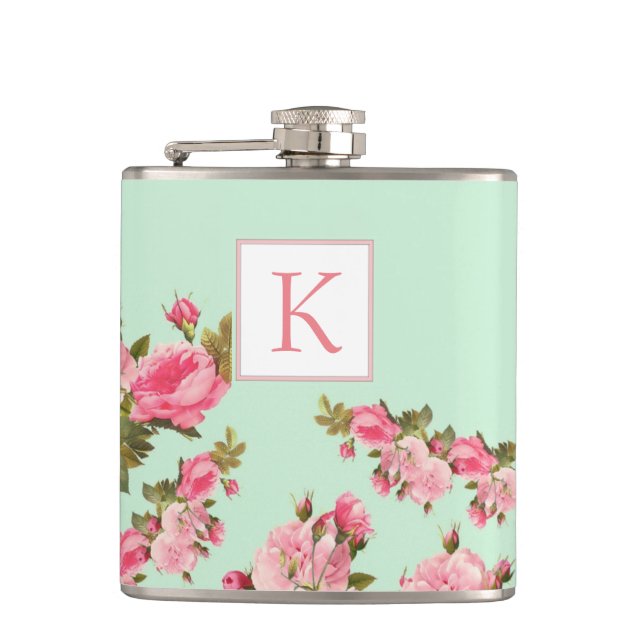 Pink Green Floral Monogram Bridesmaid Flask (Front)