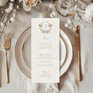 Pink Green Floral Monogram Crest Wedding Menu