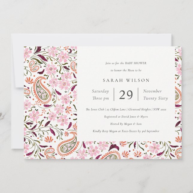 Pink Green Floral Paisley Motif Baby Shower Invite (Front)