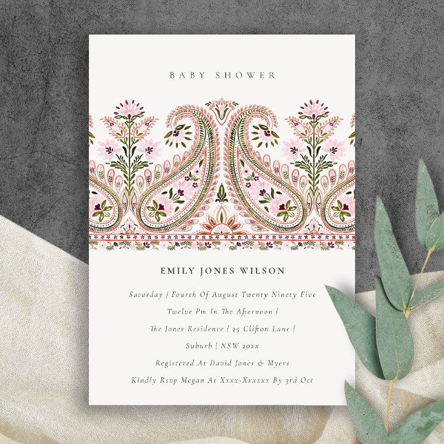 Pink Green Floral Paisley Motif Baby Shower Invite (Creator Uploaded)