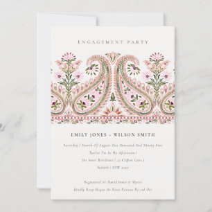 Pink Green Floral Paisley Motif Engagement Invite