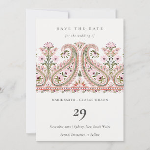 Pink Green Floral Paisley Motif Save the Date Card