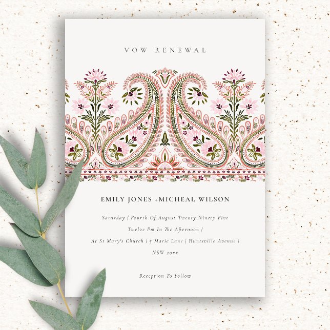 Pink Green Floral Paisley Motif Vow Renewal Invite (Creator Uploaded)