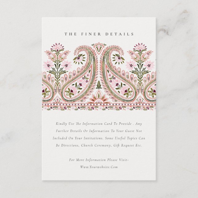 Pink Green Floral Paisley Motif Wedding Details Enclosure Card (Front)