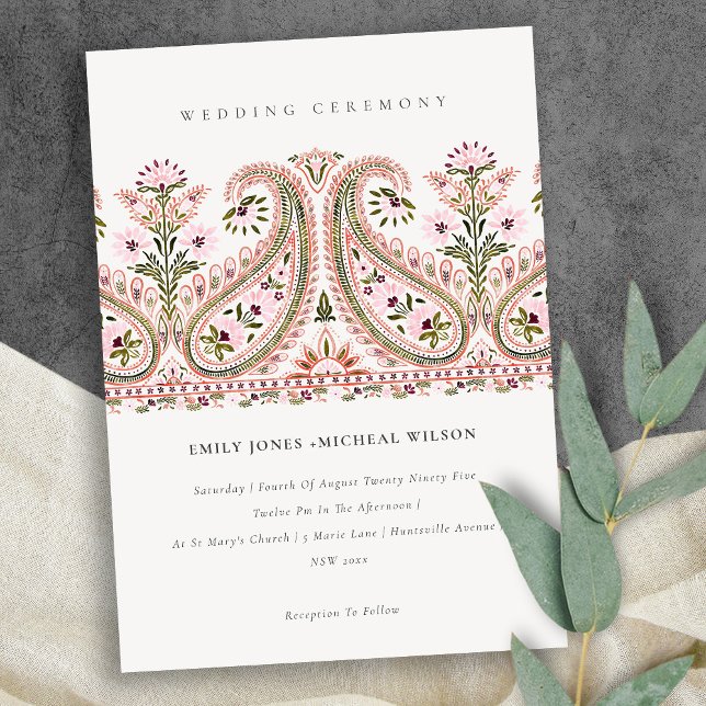 Pink Green Floral Paisley Motif Wedding Invite (Creator Uploaded)