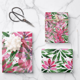 Pink Green Floral Pattern Watercolor Art Wrapping Paper Sheet