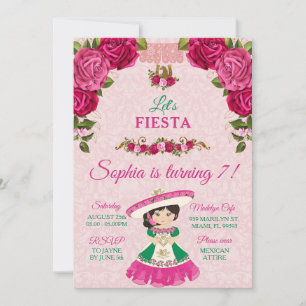 Pink & Green Floral Rose Cute Girl Turning 7 Invitation