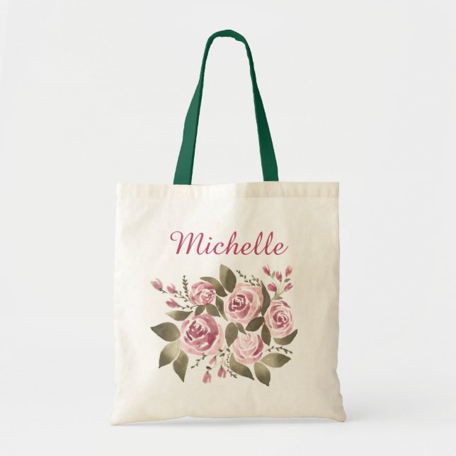 Pink Green Floral Rose with Name Tote Bag (Front)